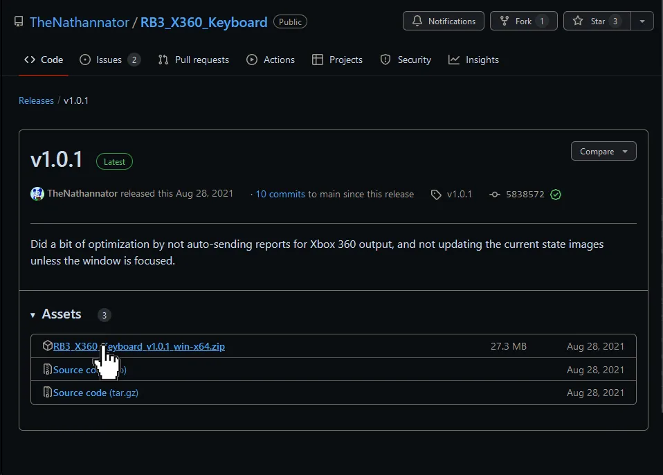 GitHub showing a release for RB3_X360_Keyboard, with a cursor hovering the download.