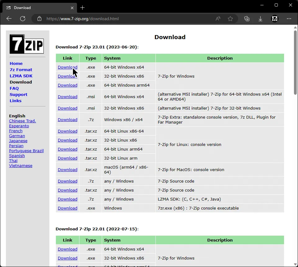 7-zip.org's download page, with a cursor hovering over the 64 bit .exe installer.