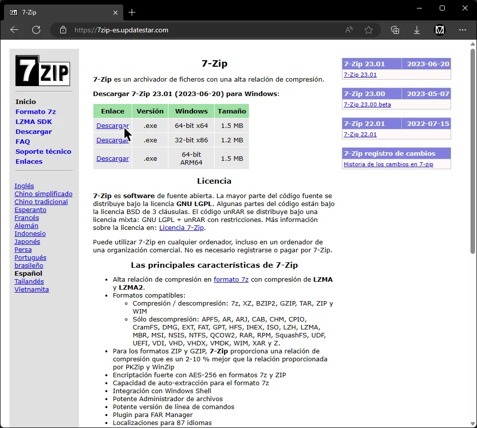La pagina para descargar 7-Zip, con el cursor sobre el instalador .exe de 64 bits