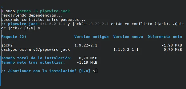 Una terminal descargando pipewire-jack de pacman.