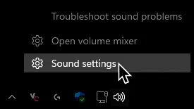 A right click menu from the speaker icon in the taskbar. The cursor hovers over 'Sound settings'.