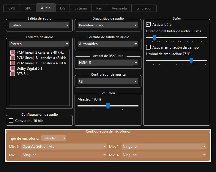 Una captura de la configuración personalizada de audio de Rock Band 3, que muestra 'Microphone Settings', 'Microphone Type' (Standard), 'Mic1', 'Mic2' y 'Mic3 resaltados en un cuadro bronceado con contorno solido.
