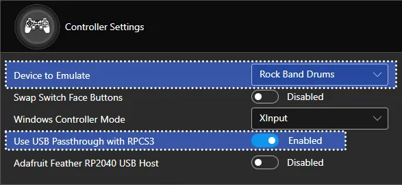 Santroller's Controller Settings. The settings reflect exactly what is above.
