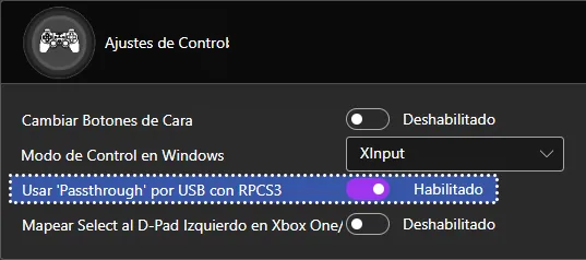 Los ajustes de control en Santroller. Tiene los ajustes de arriba aplicados.