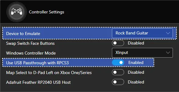 Santroller's Controller Settings. The settings reflect exactly what is above.
