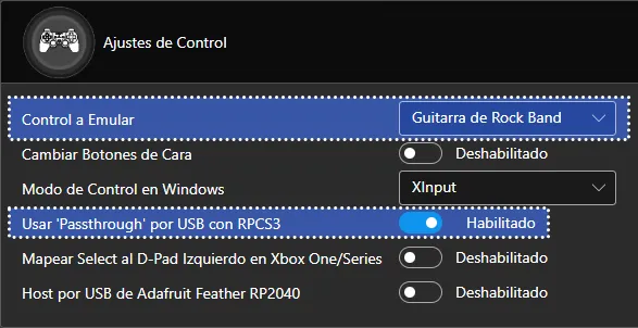 Los ajustes de control en Santroller. Tiene los ajustes de arriba aplicados.