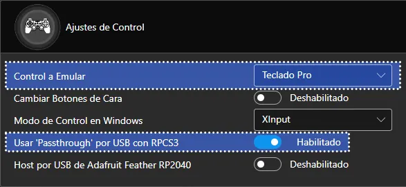Los ajustes de control en Santroller. Tiene los ajustes de arriba aplicados.