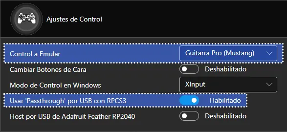 Los ajustes de control en Santroller. Tiene los ajustes de arriba aplicados.