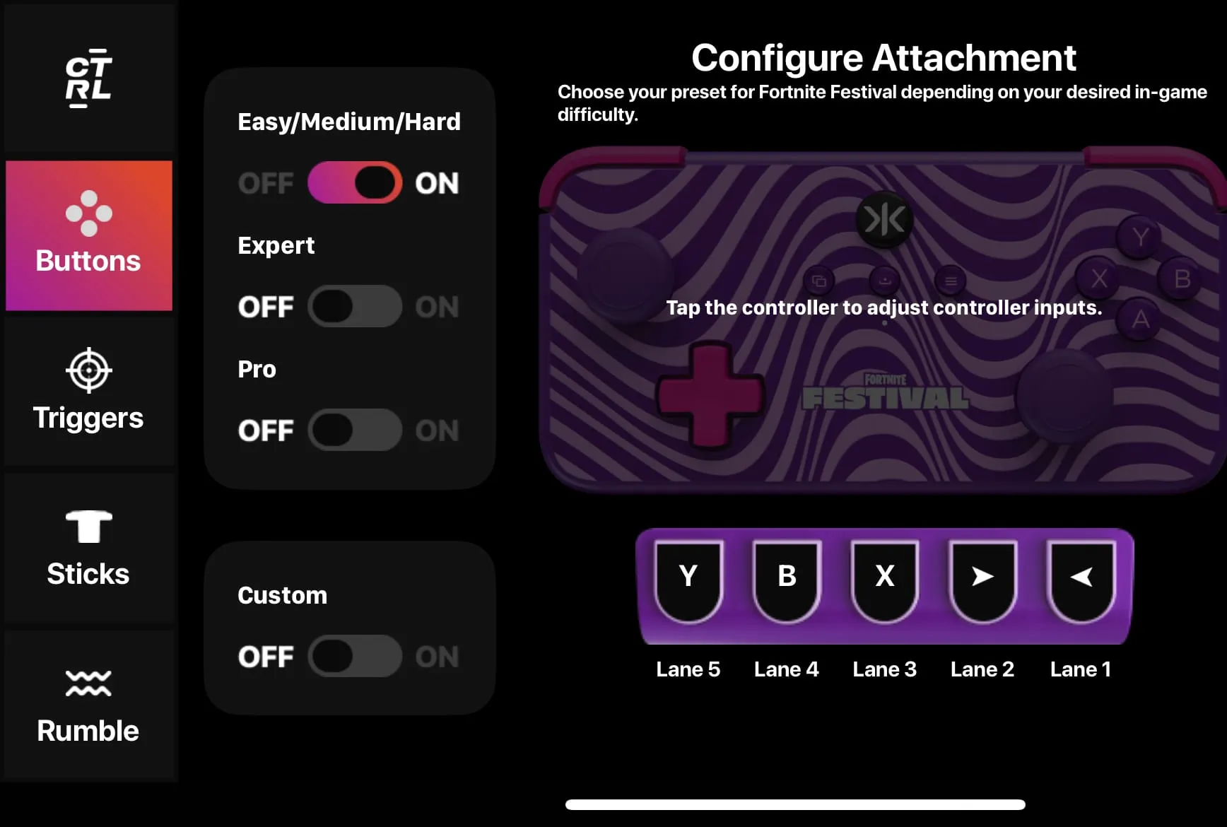 The CRKD CTRL application. Easy/Medium/Hard, Expert, and Pro are set to off. Custom is switched to on.