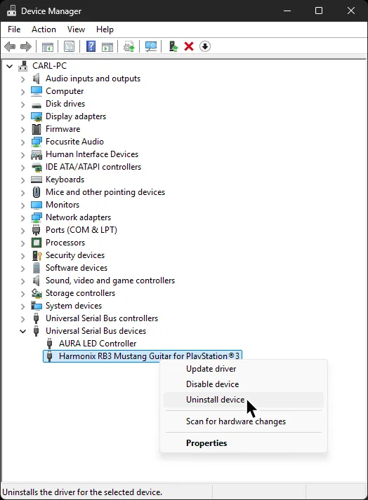 Device Manager, with a right click menu that popped up. The cursor is over 'Uninstall Device.'