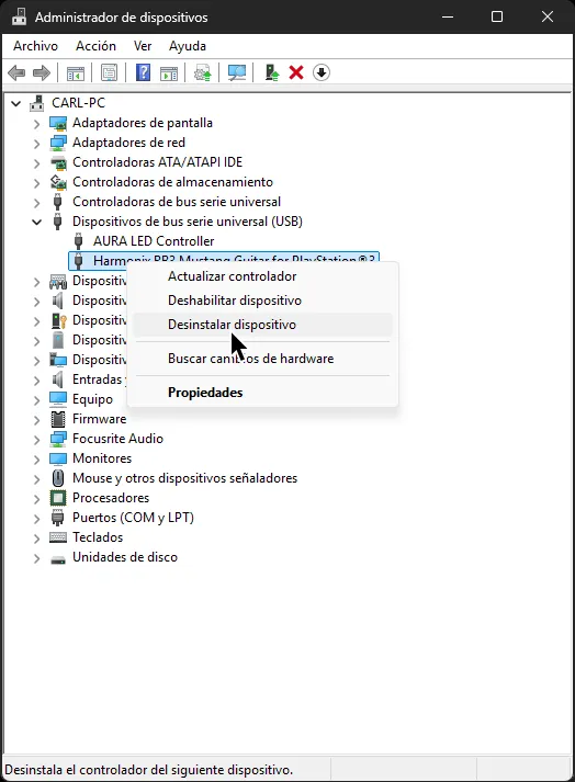 El Administrador de dispositivos con un menú despegable abierto. El cursor esta sobre 'Desinstalar dispositivo'.