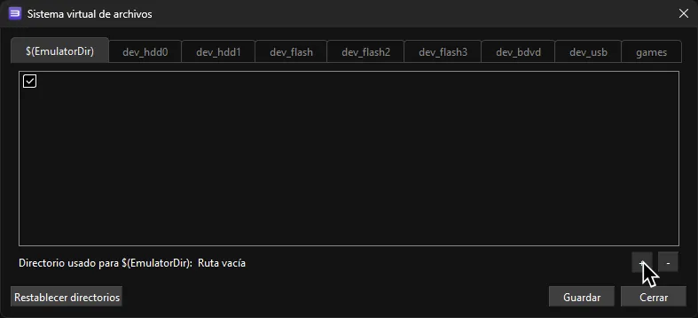 Dentro de la configuración de Sistema virtual de archivos con el cursor sobre el símbolo +.