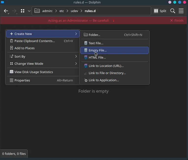 Creating a new empty file within the 'rules.d' folder.