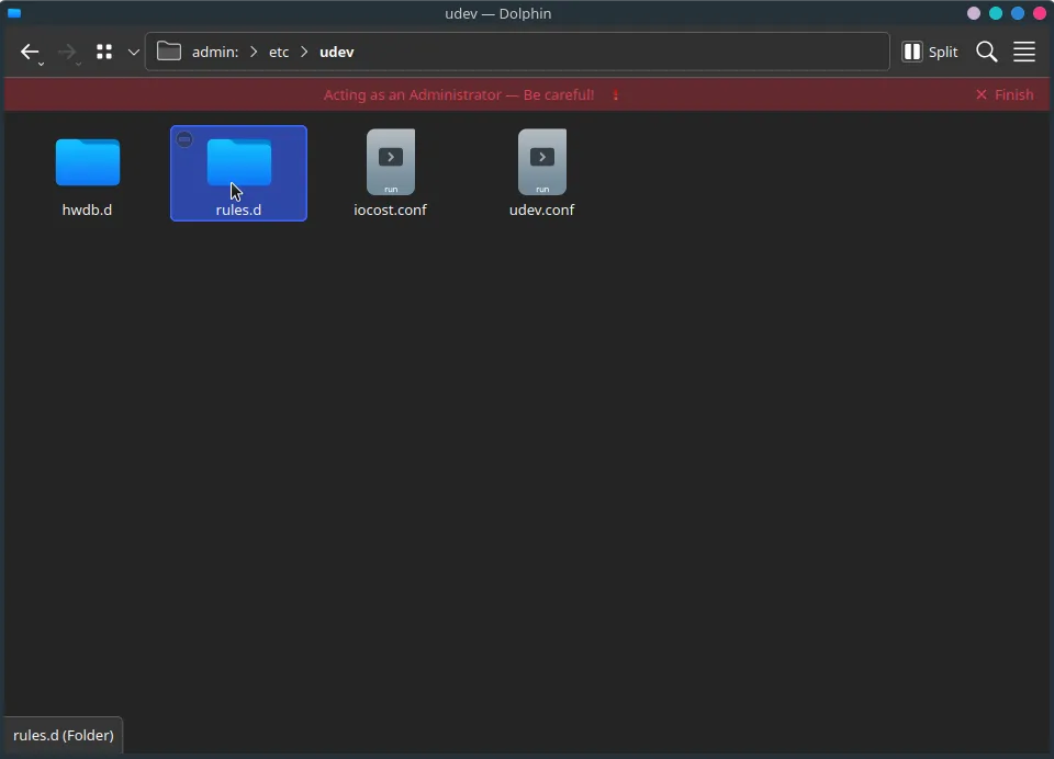 A file browser in the 'udev' folder, with a cursor highlighting and clicking on a folder called 'rules.d'.