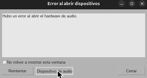 REAPER alertando el usuario que no se puede abrir el dispositivo de audio.