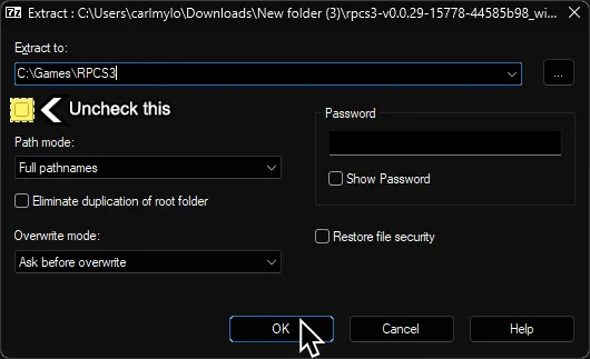 The Extract window from 7-zip. It shows the 'Extract to' as C:\Games\RPCS3 and the box below it unchecked.