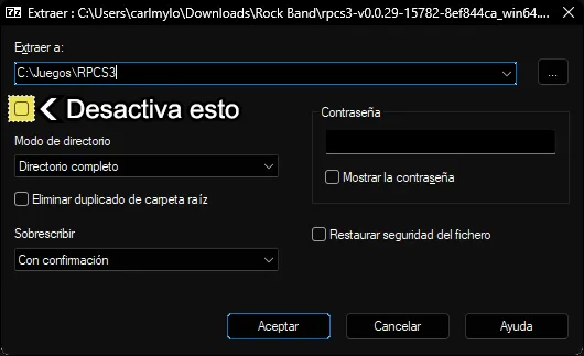 La ventana de extracción de 7-zip. Muestra 'Extract to' (Extrae archivos...) como C:\Juegos\RPCS3 y el cuadro debajo de ella desmarcada.