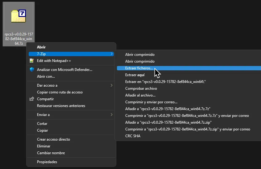 El menú contextual de Windows con el cursor en 'Extraer ficheros...'