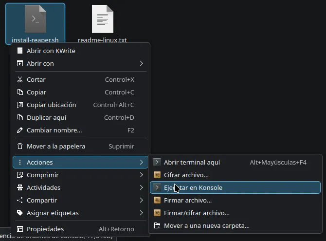 El cursor esta sobre la script de 'install-reaper.sh'.