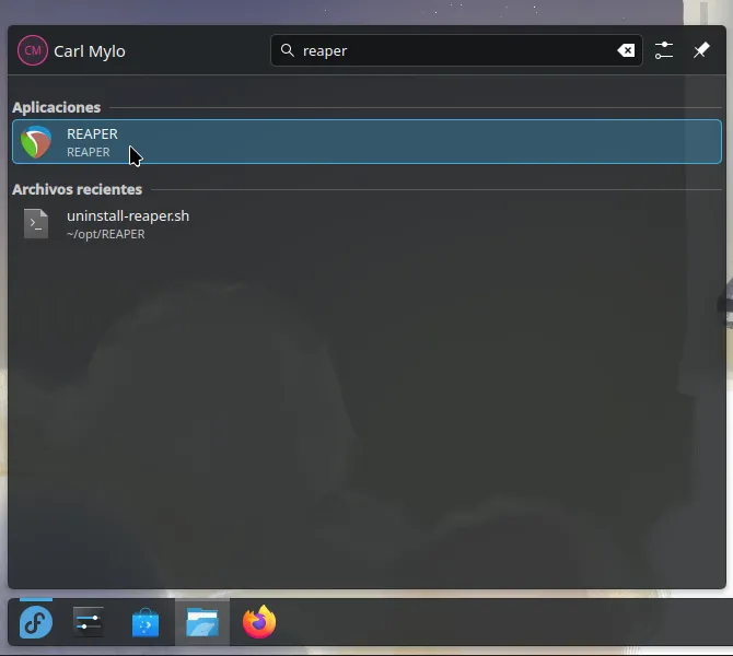 REAPER en la búsqueda de programas. El cursor esta sobre el icono del programa.