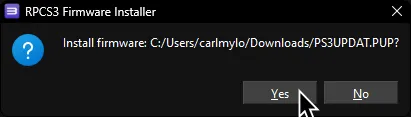 RPCS3's Firmware Installer asking the user if they want to install the firmware named 'PS3UPDAT.PUP'.