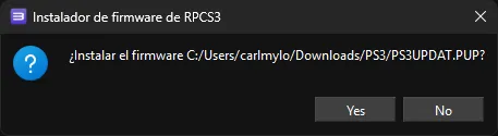El instalador de software del sistema de RPCS3 preguntándole al usuario si quiere instalar la software del sistema llamado 'PS3UPDAT.PUP'.
