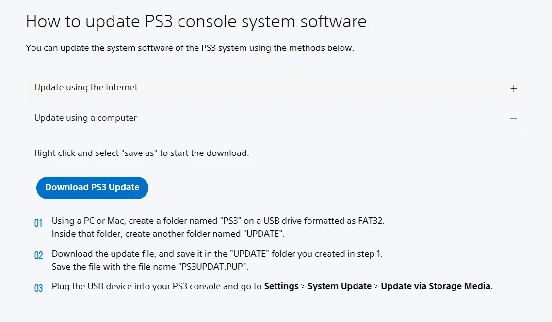 Sony's 'How to update PS3 console system software' page with the 'Update using a computer' subcategory expanded.