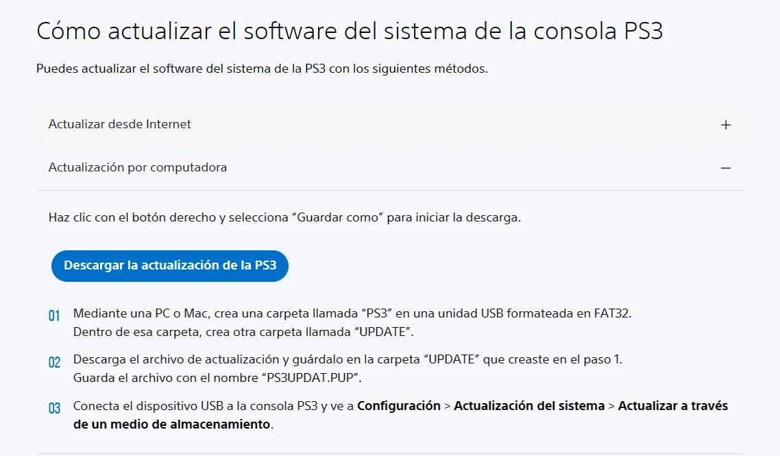La página de 'Cómo actualizar el software del sistema de la consola PS3' de Sony con la subcategoría 'Actualización por computadora' expandida