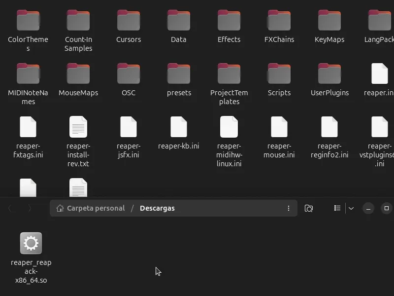 Arrastrando el archivo de ReaPack a 'UserPlugins' dentro de la carpeta de recursos de REAPER.