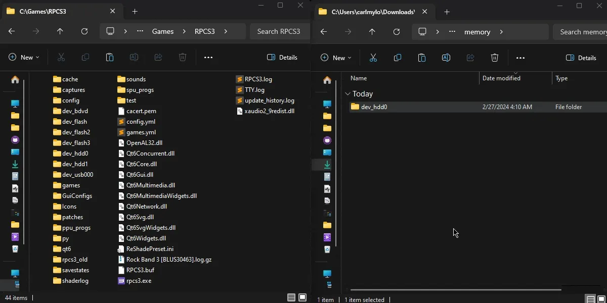 'dev_hdd0' from 'memory.zip' being moved into its proper location in RPCS3's folder.