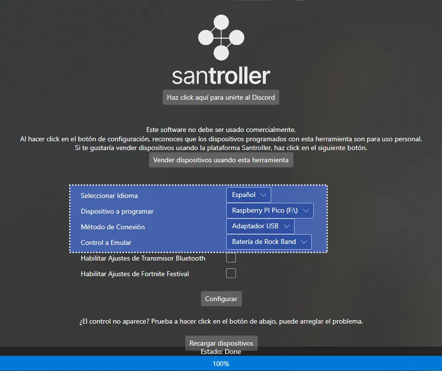 La pantalla inicial de Santroller. 'Dispositivo a programar' esta en 'Raspberry Pi Pico', 'Método de Conexión' esta en 'Adaptador USB' y 'Control a Emular' esta en 'Batería de Rock Band'.