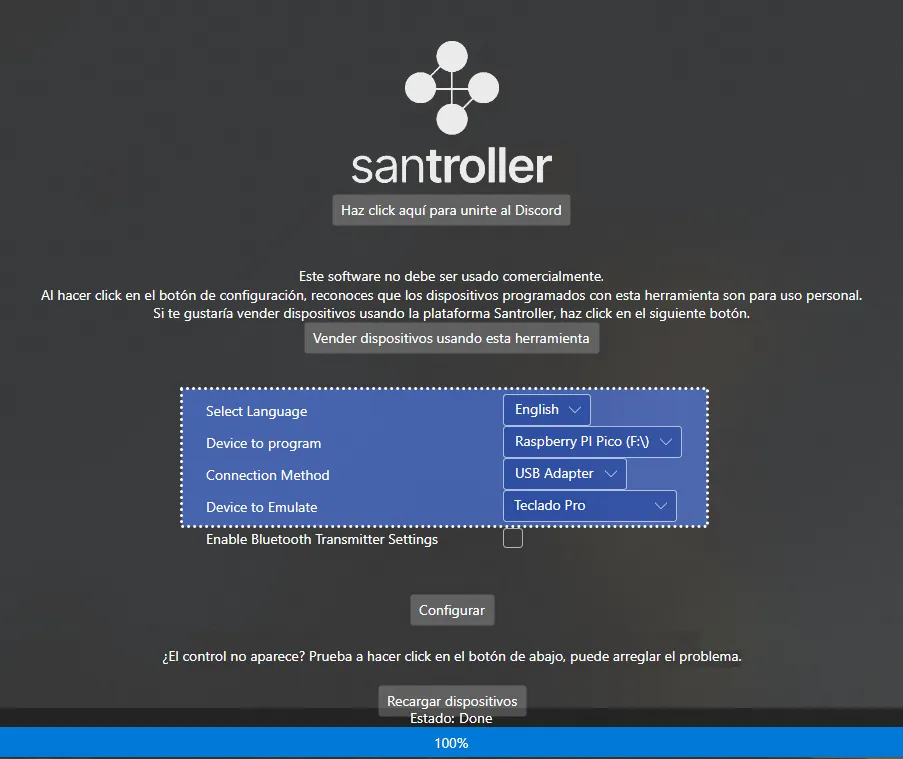 La pantalla inicial de Santroller. 'Dispositivo a programar' esta en 'Raspberry Pi Pico', 'Método de Conexión' esta en 'Adaptador USB' y 'Control a Emular' esta en 'Teclado Pro'.