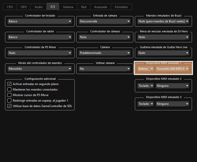 La configuración personalizada de I/O de Rock Band 3, mostrando 'Emulated MIDI Devices', tipo de dispositivo y selección de dispositivos resaltados en cuadros bronceados con contornos sólidos.