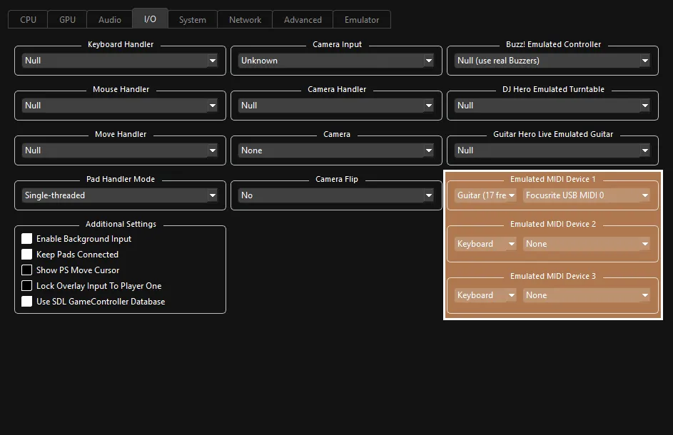 Rock Band 3's I/O custom settings showing Emulated MIDI Devices, device type, and device selection highlighted in tan with a solid outline.