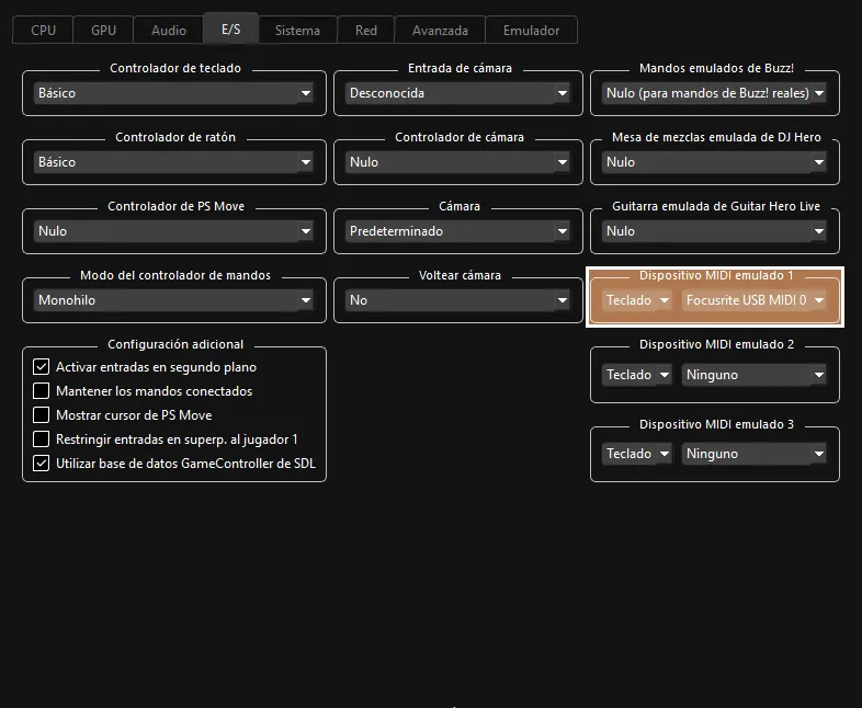 La configuración personalizada de I/O de Rock Band 3, mostrando 'Emulated MIDI Devices', tipo de dispositivo y selección de dispositivos resaltados en cuadros bronceados con contornos sólidos.