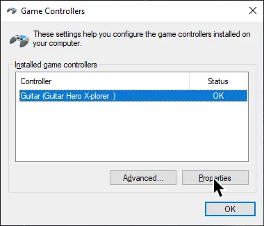 Windows's Game Controllers Setup showing a list of installed game controllers.