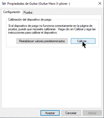 Las propiedades de la X-plorer con el cursor en 'Calibrar'.