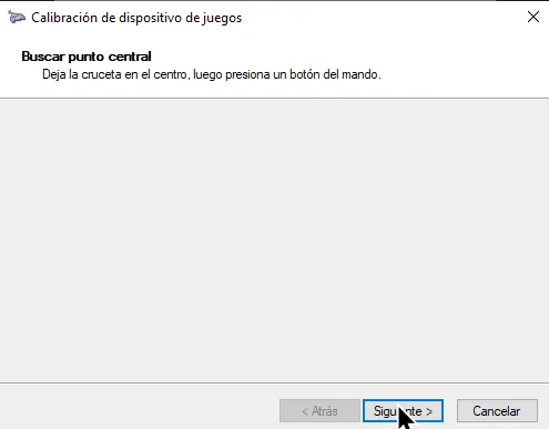 La calibración de X-plorer en la pagina de 'Buscar punto central' con el cursor en 'Siguiente'.