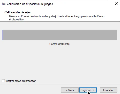 La calibración de X-plorer en la pagina de 'Calibración de ejes' del deslizante con el cursor en 'Siguiente'.