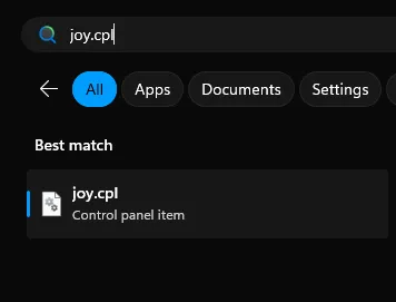 Windows showing the search results of joy.cpl.