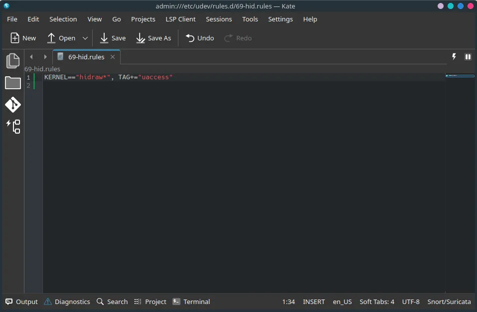 A text editor showing the '.rules' file open.