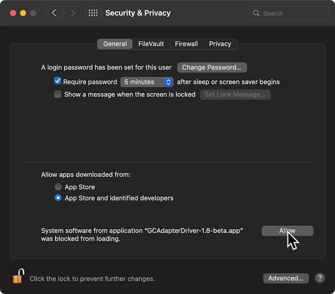 The 'Security & Privacy' page in System Preferences. The lock has been clicked on to unlock the page and the cursor hovers over 'Allow.'