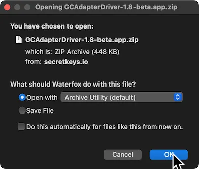 A '.zip' file of GCAdapterDriver being downloaded.