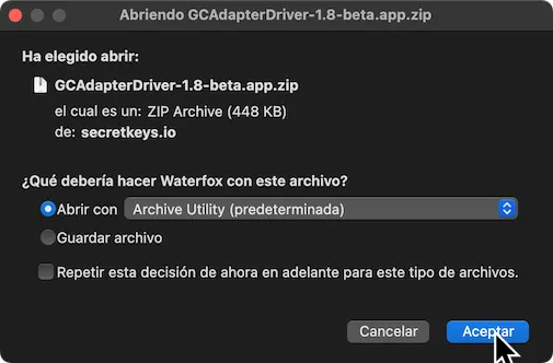 Un archivo '.zip' de GCAdapterDriver descargando.