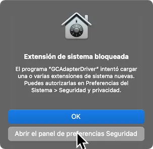 Una alerta que dice que la extensión de GCAdapterDriver fue bloqueada. El cursor esta sobre 'Abrir el panel de preferencias Seguridad'