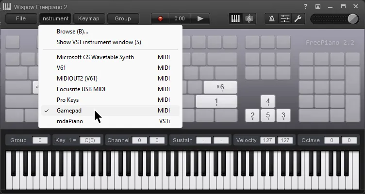 FreePiano's Instrument dropdown menu with 'Gamepad MIDI' selected.