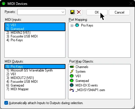 MIDI-OX's MIDI Devices with a keyboard and the Gamepad selected in the MIDI Inputs section and Pro Keys selected in the MIDI Outputs section.