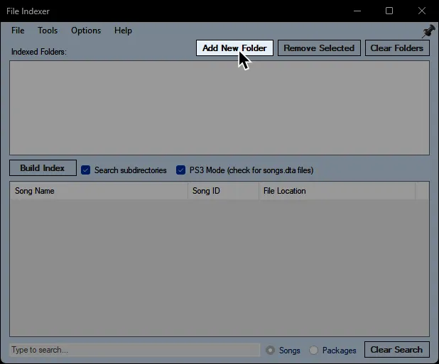File Indexer with a cursor over 'Add new folder'.