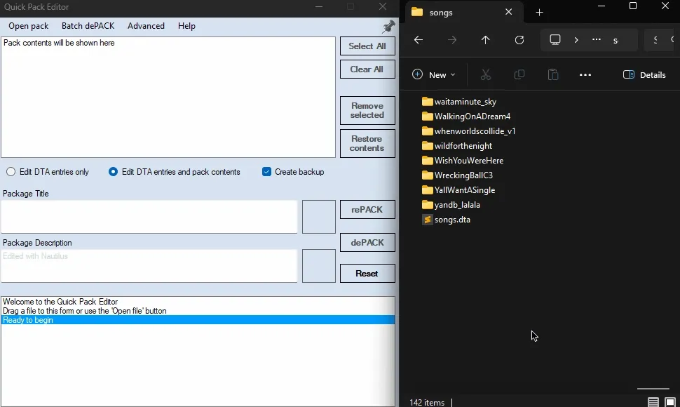 A `songs.dta` file being dragged into Nautilus' `Quick Pack Editor`.