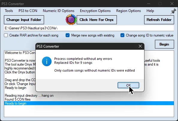 Nautilus's PS3 Converter. It has just finished replacing custom songs without numeric IDs.